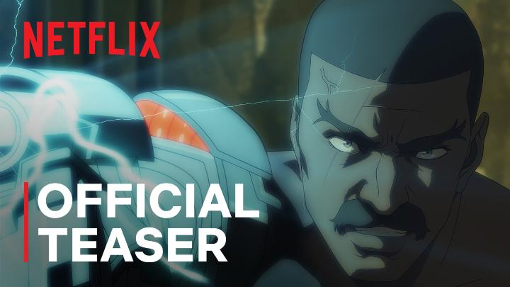 A Netflix official teaser promotional image featuring a close-up of a determined mustachioed man with a glowing cybernetic gauntlet on his arm, accompanied by the text "NETFLIX" and "OFFICIAL TEASER." The image teases the adult animated series "Bass x Machina," highlighting its gritty blend of Wild West, technology, and supernatural elements.
