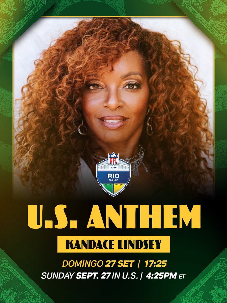 NFL's tweet photo. Brazilian samba and pagode star @periclesfaria and American bilingual recording artist Kandace Lindsey will perform the national anthems at the 2026 NFL Rio Game! 🇧🇷🇺🇸 @NFLBrasil 

Astro do samba e pagode brasileiro @periclesfaria e a cantora bilíngue Kandace Lindsey farão as performances dos hinos nacionais no NFL Rio Game 2026! 🇧🇷🇺🇸