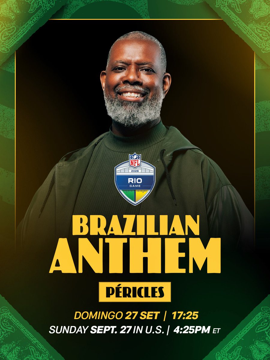 NFL's tweet photo. Brazilian samba and pagode star @periclesfaria and American bilingual recording artist Kandace Lindsey will perform the national anthems at the 2026 NFL Rio Game! 🇧🇷🇺🇸 @NFLBrasil 

Astro do samba e pagode brasileiro @periclesfaria e a cantora bilíngue Kandace Lindsey farão as performances dos hinos nacionais no NFL Rio Game 2026! 🇧🇷🇺🇸