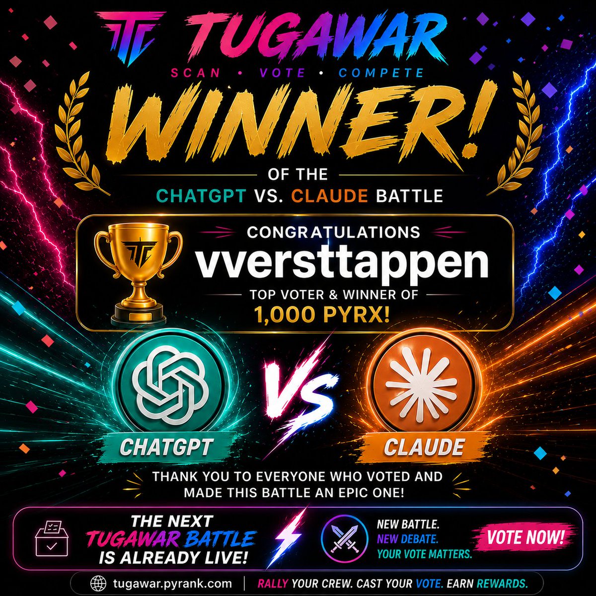 Pyrand_coin's tweet photo. 🏆 WE HAVE A WINNER!

Congrats to @vversttappen for taking the top-voter spot in our ChatGPT vs. Claude battle! 🎉

Thanks to everyone who voted and made it an epic matchup.

⚔️ The next battle is already LIVE!

Vote now 👇
 https://t.co/cvx9VYq3fl
#TugAWar #AI #PYRX https://t.co/tPXanp8qlC