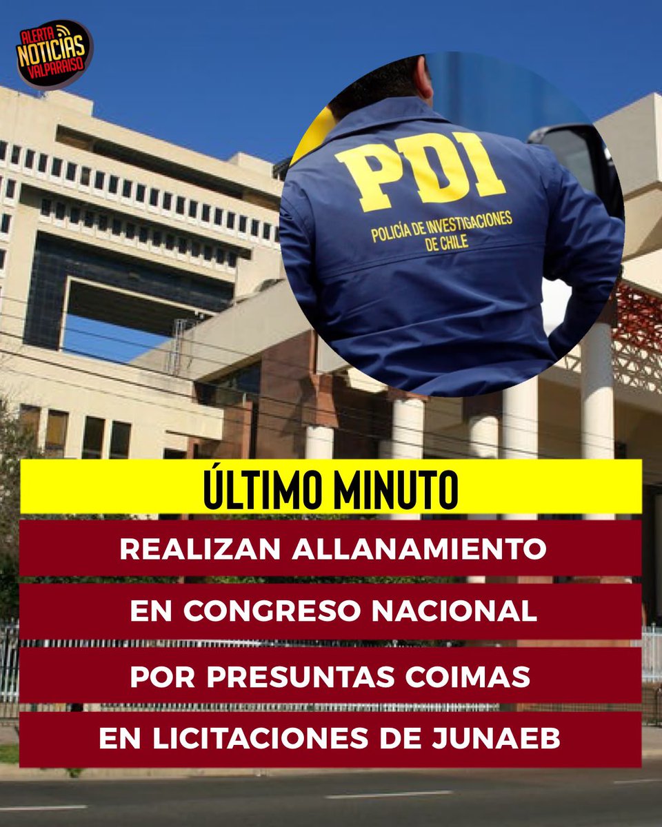 AlertaNoticiasV's tweet photo. Diligencias se desarrollan durante esta jornada de manera simultánea en la sede del Congreso Nacional, particularmente en el Senado, y en dependencias de la Junaeb, en el marco de una investigación por presuntas irregularidades y posibles pagos de coimas vinculados a procesos de licitación.

Hasta el Congreso Nacional ingresa el fiscal jefe de Valparaíso para participar de las diligencias que se desarrollan en el recinto, mientras la investigación se extiende a otros puntos del país.

Se trata de una investigación de larga data, que busca establecer eventuales delitos de corrupción asociados a licitaciones de Junaeb. En el marco de la causa, incluso, se ha solicitado la incautación del teléfono celular de la exdirectora de la institución, además de diligencias relacionadas con senadores que aparecen vinculados a la investigación.

Los operativos forman parte de un procedimiento liderado por la Fiscalía de Alta Complejidad Oriente, junto a la Brigada Anticorrupción de la PDI, y consideran la incautación de teléfonos celulares, computadores y otros dispositivos electrónicos.

La causa indaga posibles delitos de fraude al Fisco, fraude informático, falsificación de instrumento privado, delitos contra la salud pública y lavado de activos, además de eventuales pagos de coimas y otros actos de corrupción.