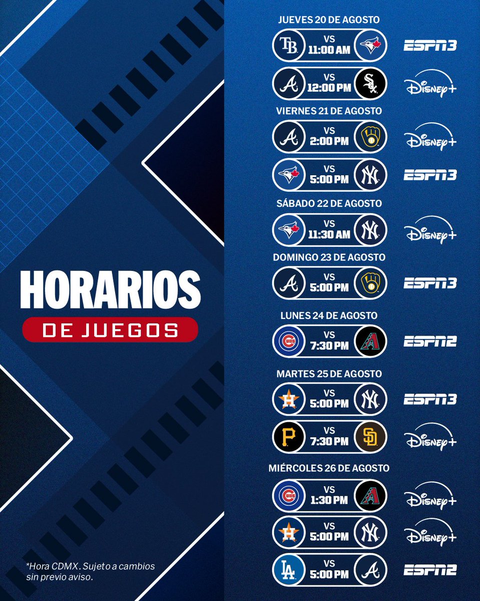 MLB_Mexico's tweet photo. La carrera por la Postemporada entra a su etapa más emocionante. 
Checa los juegos de esta semana en tus pantallas. https://t.co/zwJdneI5xe