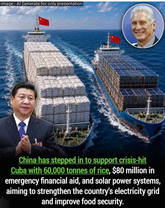 liderfiscal's tweet photo. #URGENTE China comenzará a enviar un paquete de ayuda de emergencia a Cuba, que incluye 60.000 toneladas de arroz, 80 millones de dólares en apoyo financiero para infraestructura eléctrica y equipo fotovoltaico solar. La asistencia está destinada a aliviar los severos apagones a nivel nacional y las críticas escaseces de alimentos.
#CubaNoEstáSola