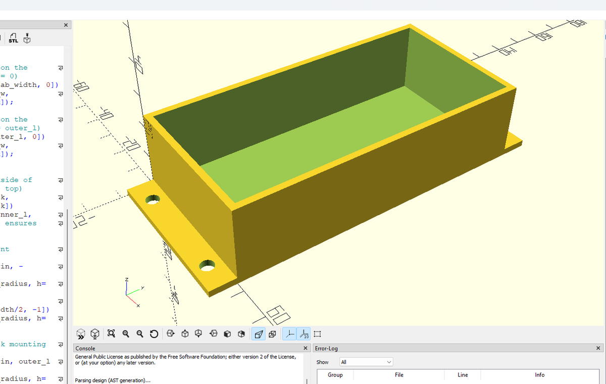 Arduining's tweet photo. Holy guacamole!
Asking Google AI:
Generate the OpenSCAD code for:
A rectangular block with internal dimensions of 43mm x 90mm x 22mm (height).
Open at the top, with 2mm thick walls and bottom.
Two external 8mm mounting tabs at the bottom of the short sides.
#OPenSCAD https://t.co/LPeouy3YSn