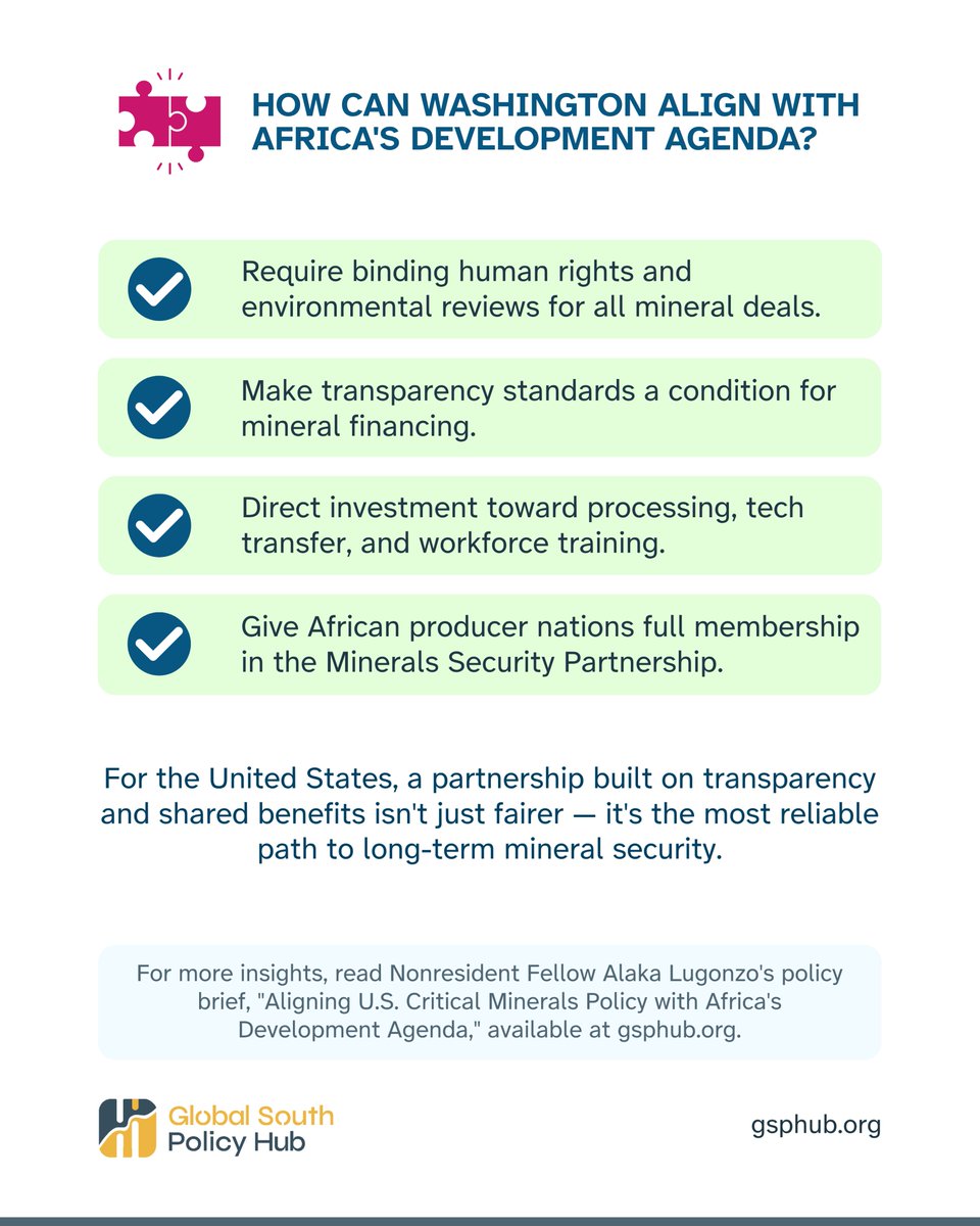 GSPHub's tweet photo. Africa doesn't benefit from its own mineral wealth.

The reason: a broken minerals model built on extraction without shared benefits, tilted toward consuming nations over producers.

The fix: a minerals partnership that secures supply for consuming nations while also advancing Africa's development agenda.

Nonresident Fellow @alaka_lugonzo suggests a path for the United States: https://t.co/w3ZrvHcKsN

@Global_Witness @AfCFTA @_AfricanUnion 

#GlobalSouth #Geopolitics #USForeignPolicy