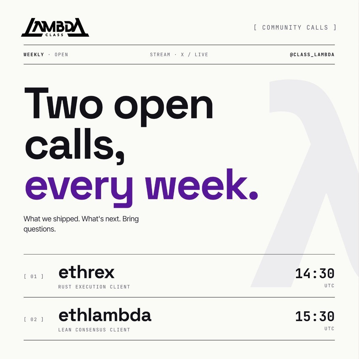 class_lambda's tweet photo. Tomorrow we're going live with two community calls. @ethrex_client at 2:30 PM UTC and @ethlambda_lean at 3:30 PM UTC. Come hear what we've both been building. https://t.co/8qMmAaVjgU