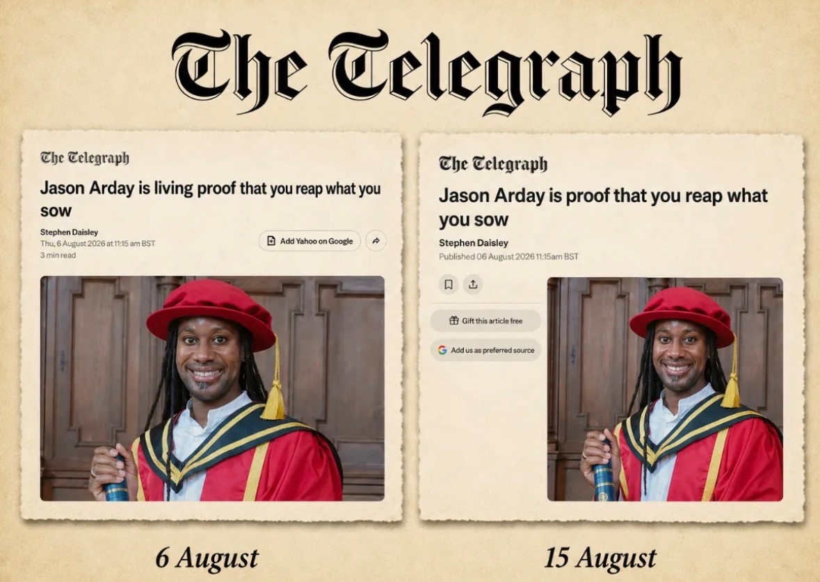 iainoverton's tweet photo. The Telegraph has deleted, without fanfare, the word ‘living’ from the headline of Stephen Daisley's article on Professor Arday. 

Today, it just reads “Jason Arday is proof that you reap what you sow.” https://t.co/ubhAbTL1PO
