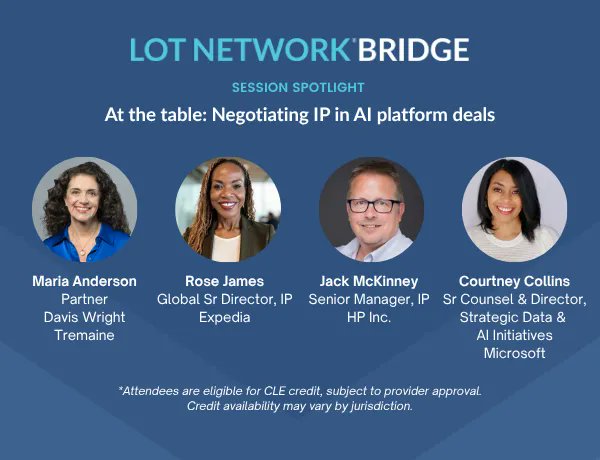 TheLOTNET's tweet photo. LOT MEMBERS: This year's #LOTBRIDGE2026 program is built around conversations happening at the highest levels of IP leadership.

Join us October 1 at Rosewood Sand Hill and connect with peers from Google, Lenovo, Rivian, and more.

🎟️ Save your seat → https://t.co/zp3UKxls9D https://t.co/SyZChCYuX9