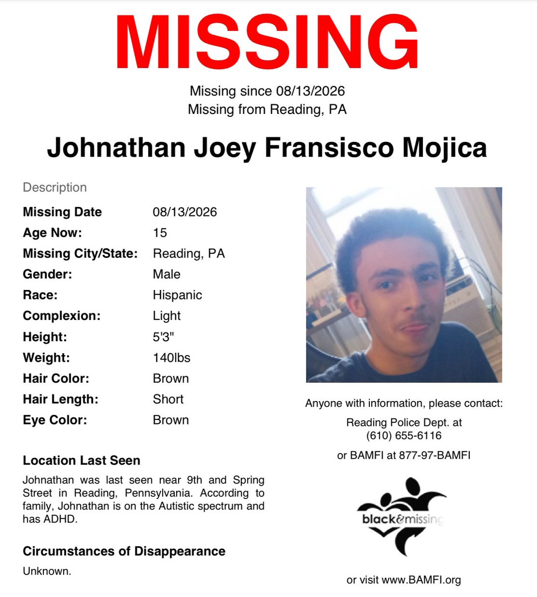 BAM_FI's tweet photo. #Reading, #PA: 15y/o Johnathan was last seen near 9th and Spring Street on August 13. According to family, he has ADHD, is non-verbal, and is Autistic.
Have you seen him?
Please SHARE to #HelpUsFindJohnathanMojica #JohnathanMojica #HelpUsFindUs https://t.co/0SIZECqsrP