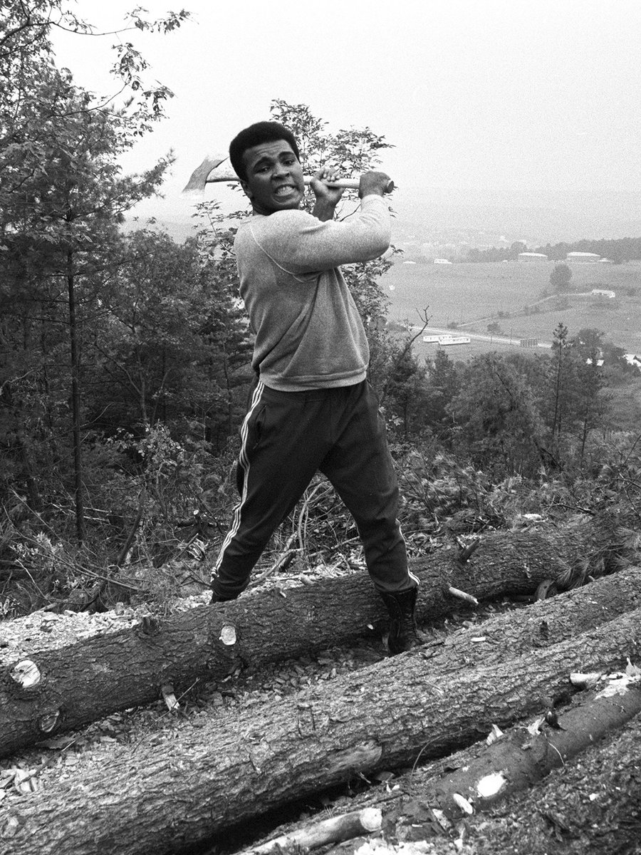 MuhammadAli's tweet photo. Muhammad Ali chopping wood during a photo shoot at his training camp cabin. 🏕️ 🌲 🪵

📸: @LeiferNeil 

#MuhammadAli #TheGreatest #BoxingLegend #HeavyweightChampion #SportsIcon https://t.co/bU5AfNdikq