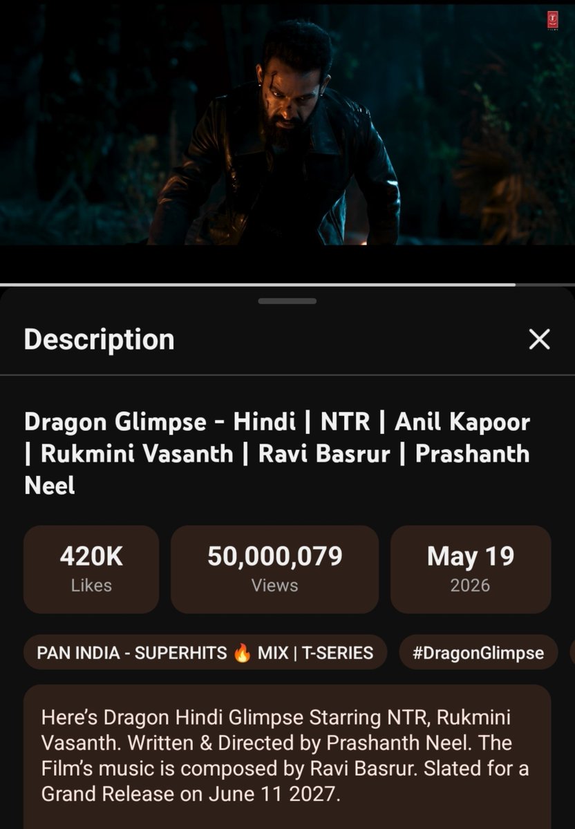 KingJrNTR's tweet photo. .@DragonMovieOffl hindi version glimpse crossed 50M views with 420k+ likes on YouTube. 💥❤️

#Dragon @tarak9999 https://t.co/lgZ4eMUAt0