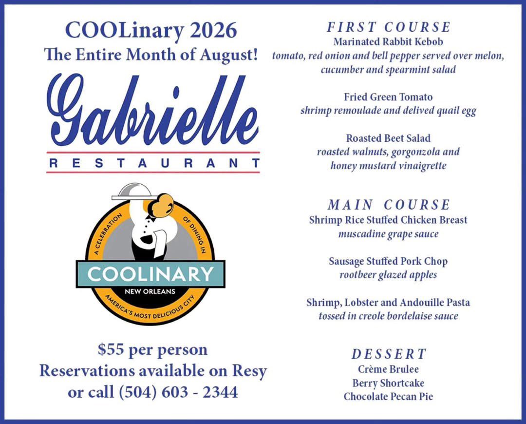 GabrielleRest's tweet photo. Don't let this one get away! Just 2 more weekends of #COOLinary left!
Reservations available on @resy or call 504-603-2344 #fog #goodeats #NewOrleans #COOLinary2026 https://t.co/dwcrzRXCBB