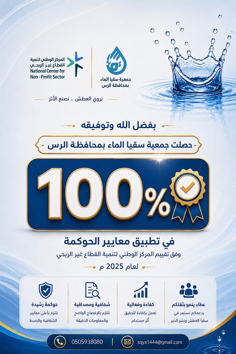 sqya1444's tweet photo. بفضل الله وتوفيقه، حققت جمعية سقيا الماء بمحافظة الرس نسبة 100% في تطبيق معايير الحوكمة لعام 2025م، وفق تقييم المركز الوطني لتنمية القطاع غير الربحي.

إنجاز نفخر به، ودافعٌ لمواصلة العمل بشفافية وكفاءة لتحقيق أثرٍ مستدام في خدمة المجتمع . 

@twaslalrss 
@o0o__7
@CSA_in_qassim https://t.co/tV43zS4fu0