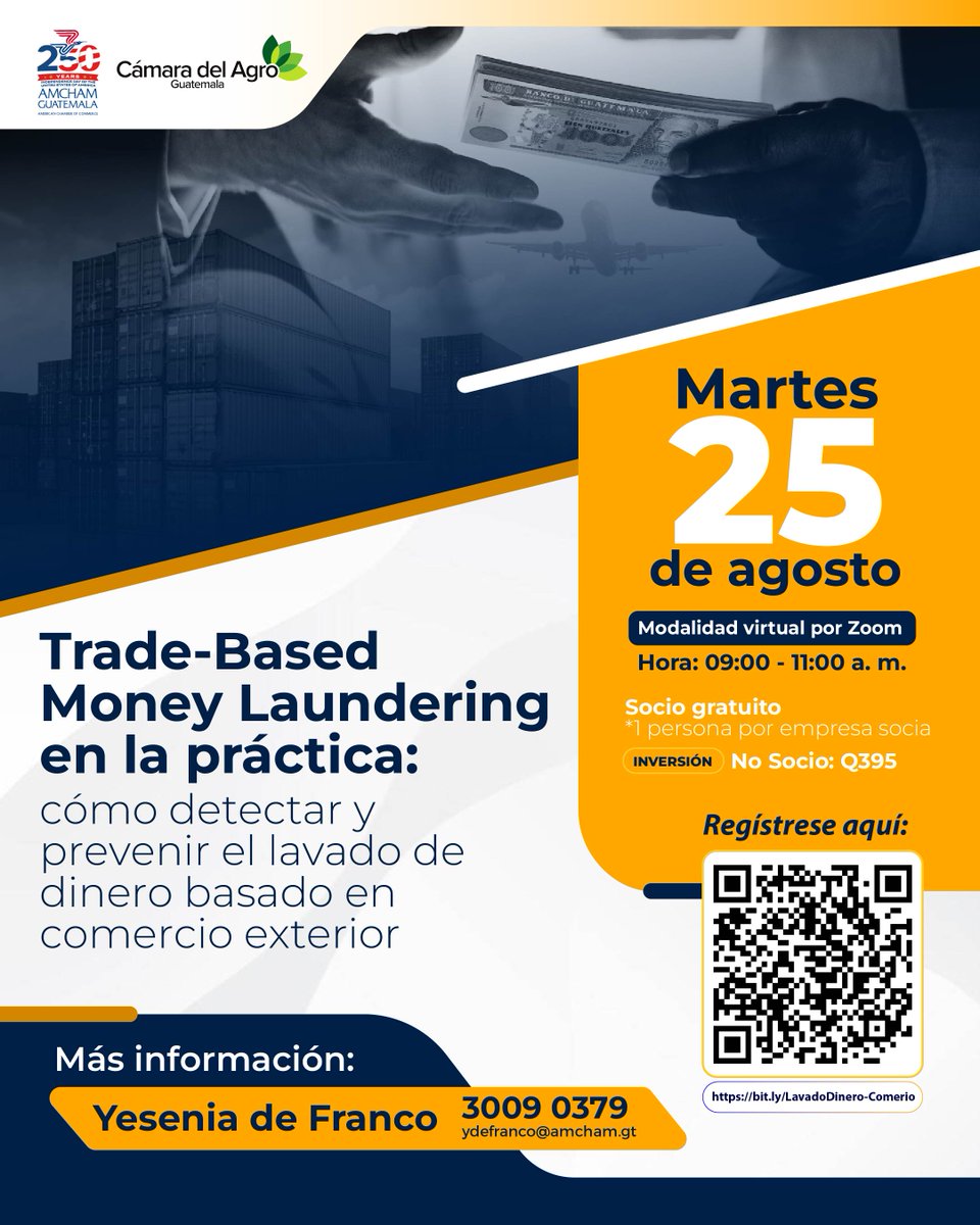 AmChamGT's tweet photo. El lavado de dinero basado en comercio exterior representa un desafío creciente para las empresas y exige fortalecer los mecanismos de prevención, detección y cumplimiento.

AmCham Guatemala y @CamagroGuate le invitan a participar en la conferencia virtual “Trade-Based Money Laundering en la práctica: cómo detectar y prevenir el lavado de dinero basado en comercio exterior”, un espacio para conocer herramientas y criterios aplicables a la identificación de operaciones de riesgo.

Contaremos con la participación de Karla Lemus, Supervisora del Departamento de Análisis de Transacciones Financieras de la Superintendencia de Bancos, y José Ignacio Fernández, Socio y Director de AXIS.

📅 Martes 25 de agosto
⏰ 9:00 a. m. a 11:00 a. m.
💻 Modalidad virtual vía Zoom
🎟️ Socios: gratuito, 1 persona por empresa socia
🎟️ No socios: Q395

Registro: https://t.co/HJZLzK5Cky

Más información: Yesenia de Franco | 3009 0379 | ydefranco@amcham.gt