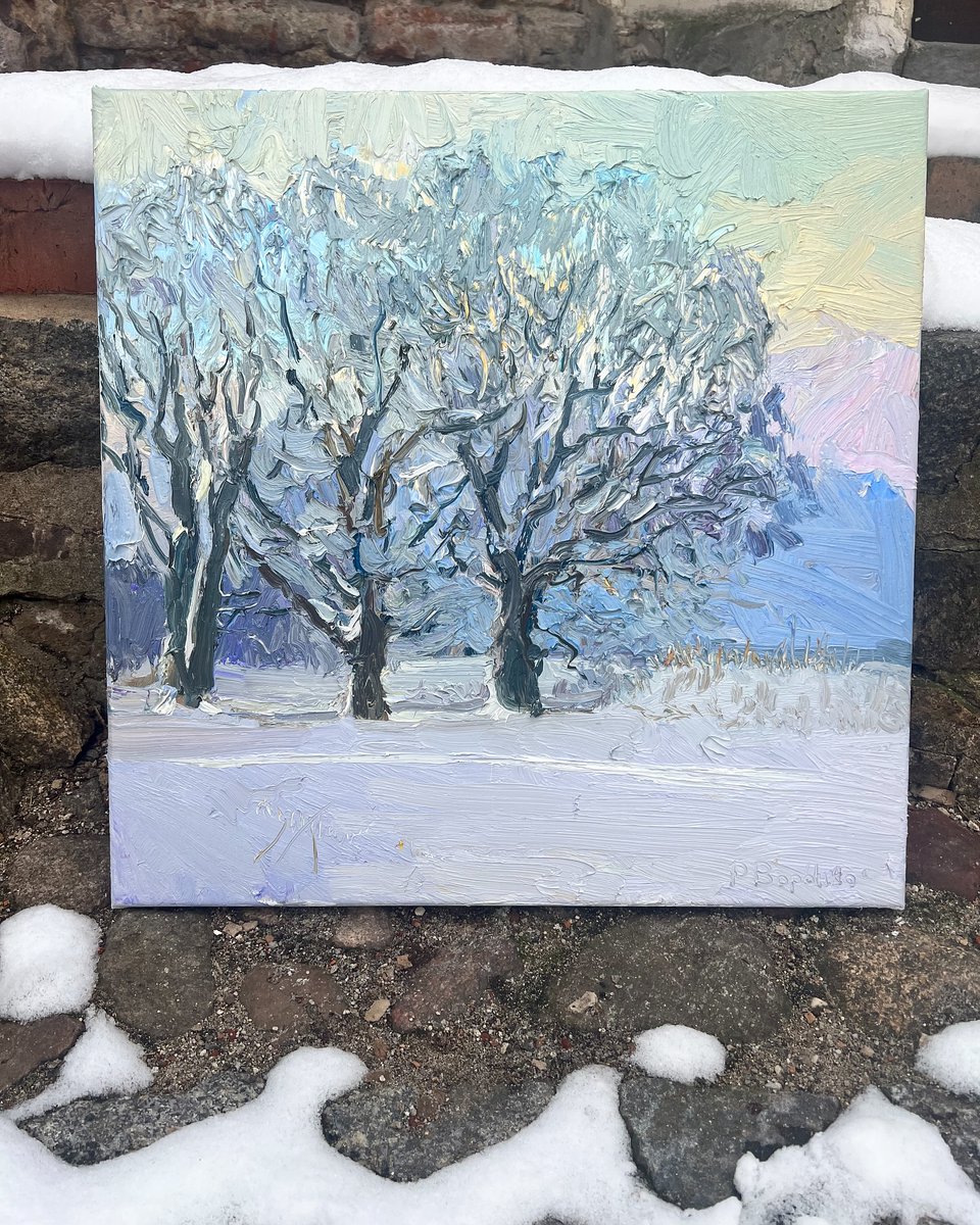 janiitha_mp20's tweet photo. Winter Symphony” 
Oil on canvas, 60x60 cm, 2025 
The silence of a snowy evening. Cold air embraces nature as the last light fades into frosty haze. Trees stand veiled in white, each branch holding winter’s breath. https://t.co/pSBbVeW1nC