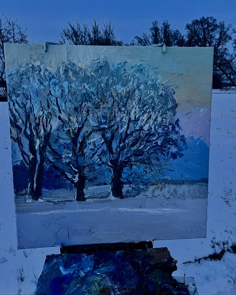 janiitha_mp20's tweet photo. Winter Symphony” 
Oil on canvas, 60x60 cm, 2025 
The silence of a snowy evening. Cold air embraces nature as the last light fades into frosty haze. Trees stand veiled in white, each branch holding winter’s breath. https://t.co/pSBbVeW1nC