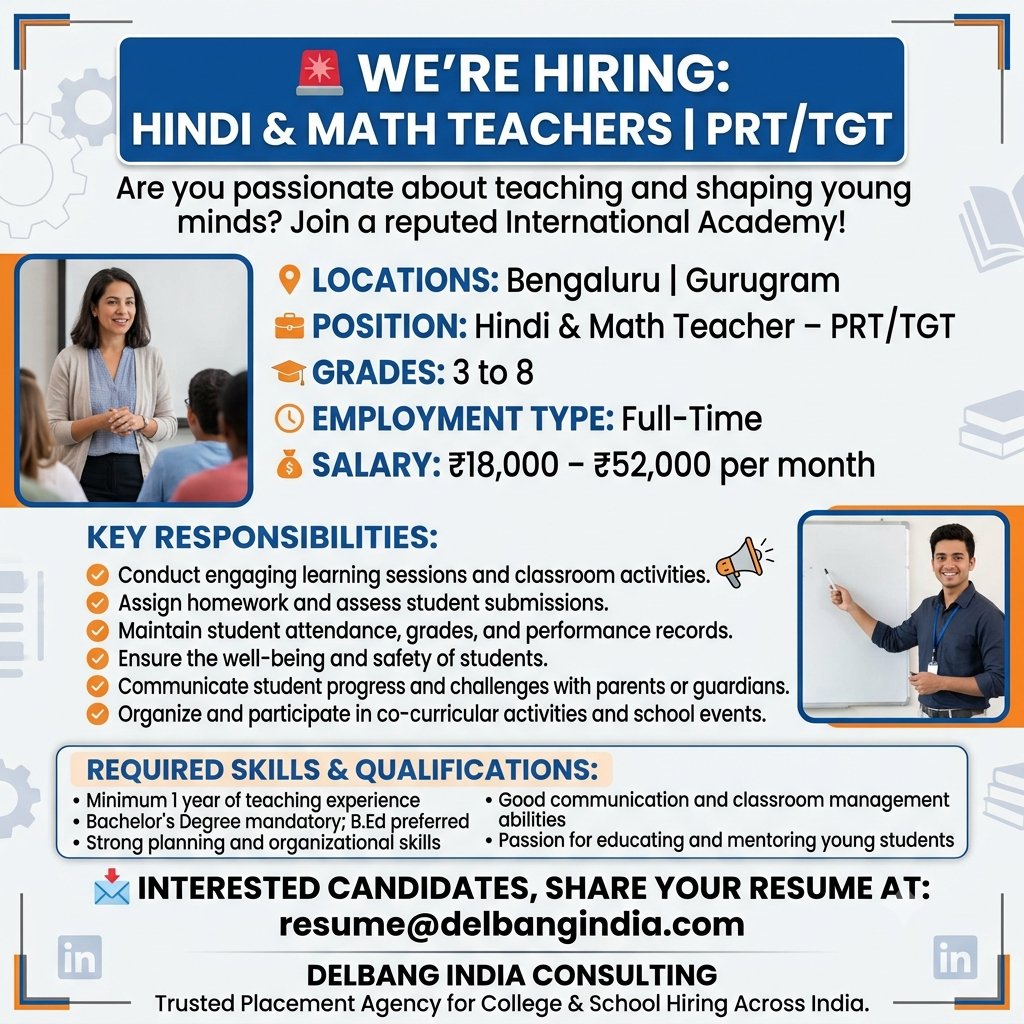 DelbangIndia's tweet photo. #Hiring #HindiTeacher #MathTeacher #MathematicsTeacher #PRT #TGT #TeachingJobs #TeacherJobs #SchoolJobs #EducationJobs #BengaluruJobs #GurugramJobs #DelhiNCRJobs #FacultyHiring #SchoolHiring #CareerOpportunity https://t.co/K6sot5eDIu