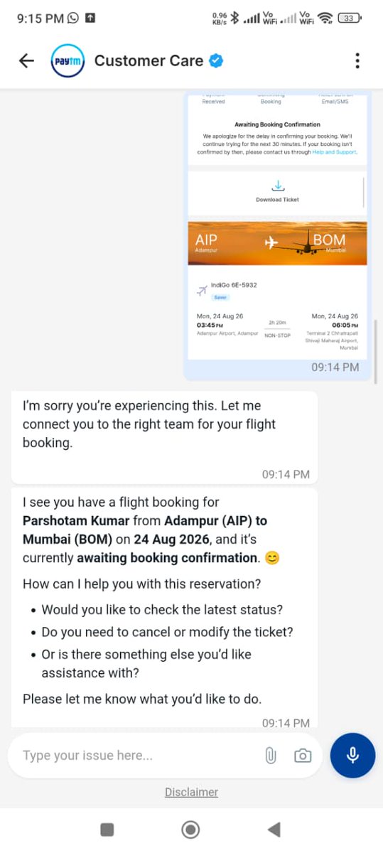harshalsortey's tweet photo. Hi @Paytmcare, refer to Booking ID: 27445233804 , I am still awaiting refund of Failure of Transaction (7128/-) made in Flight Rescheduling from 13 to 24 Aug. I tried every possible way to reach you out via Chat, but no response. Please refund the amount at the earliest by today. https://t.co/DbWYuokVfm