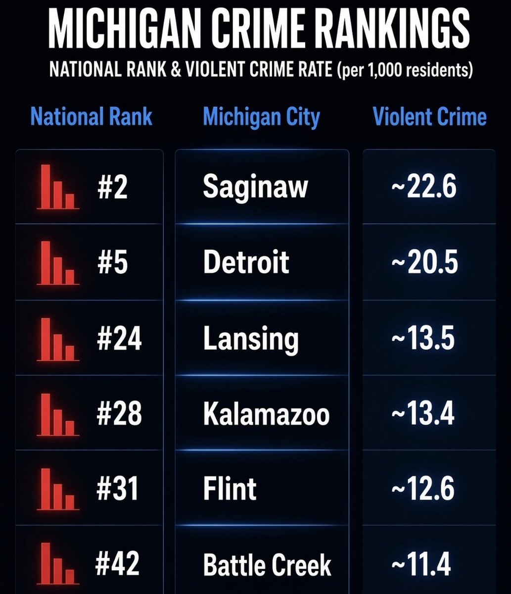 MrAustinPredict's tweet photo. 🚨 BREAKING: SIX Michigan cities ranked in FBI's Top 50 Most VIOLENT American Cities, Saginaw takes the #2 spot. 

2. Saginaw 🔵
5. Detroit 🔵
24. Lansing (capital of MI) 🔵
28. Kalamazoo 🔵
31. Flint 🔵
42. Battle Creek 🔵

Congratulations, Democrats! https://t.co/u9FSpenqOY