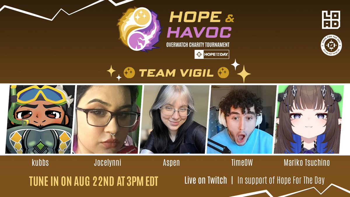 Loadscreengg's tweet photo. Our final team has arrived... 

✨ TEAM VIGIL ✨

💛 @kubbsOW
💛 @jocelynni
💛 @Aspen_OW
💛 @Time__OW
💛 @MarikoTsuchino

#HopeAndHavoc https://t.co/s4hXZEHSDN