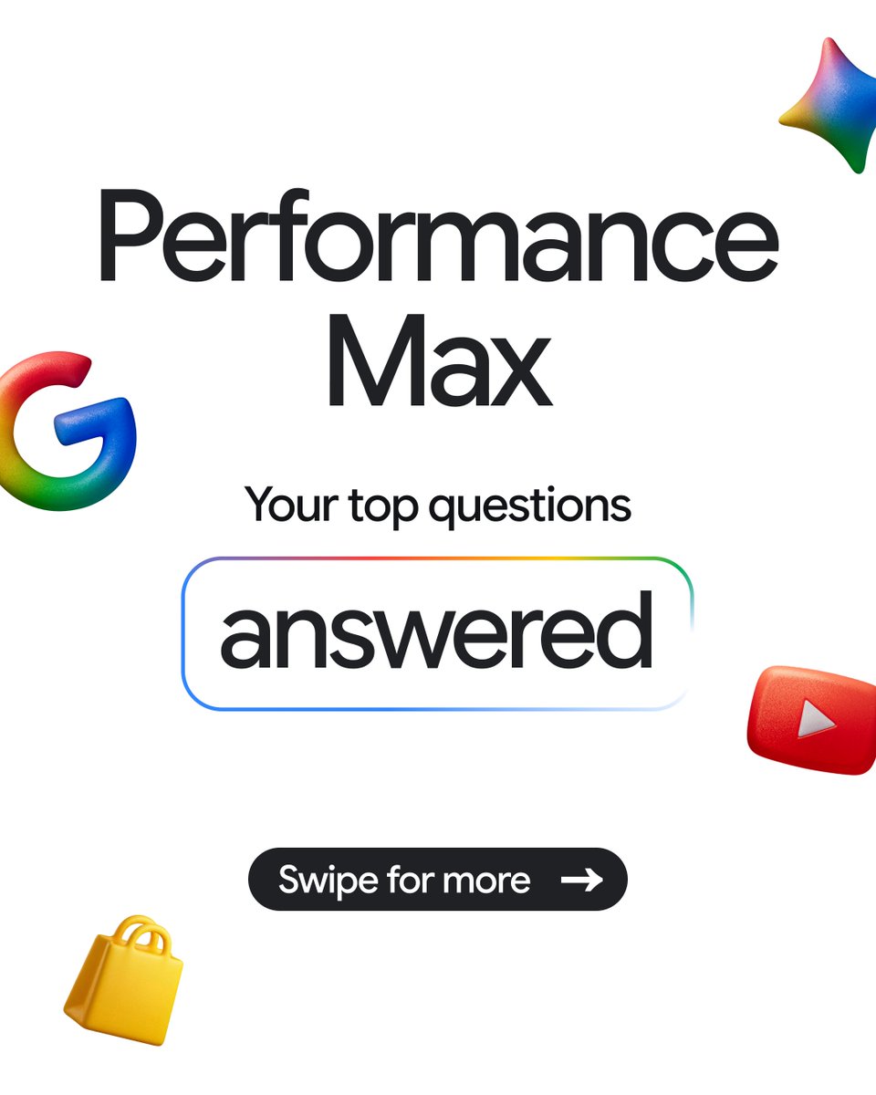 GoogleAds's tweet photo. 1/12 Are you using Performance Max to its full potential? Let’s check. 👀

You asked, we listened. We’re answering your top questions on how to navigate Performance Max reporting, steer Google AI with confidence, and optimize your overall campaign strategy for customer growth.

Learn more: https://t.co/AIGJ6wzxNf