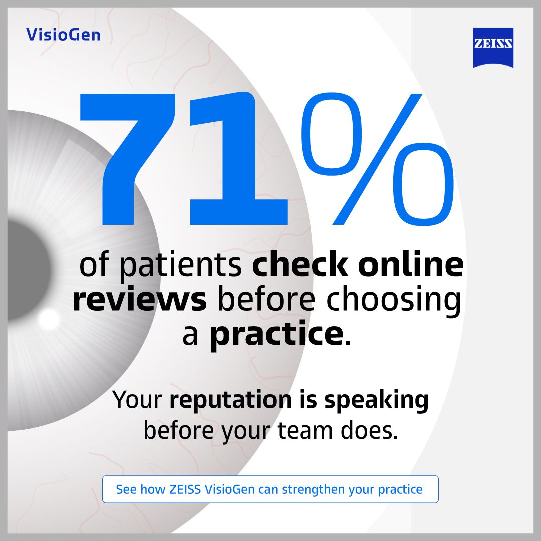 ZEISSVisioGen's tweet photo. 71% of patients read online reviews before selecting a healthcare provider.

Your first impression is often created before the first appointment. Every patient interaction helps shape your reputation.

Learn how better communication supports patient trust.

#Healthcare https://t.co/cwjdS0FYgO