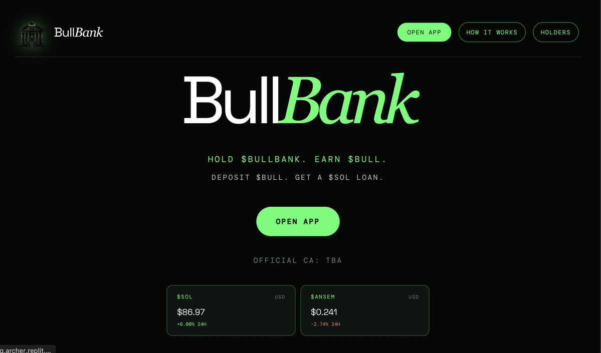CapyQuant_'s tweet photo. I built BullBank, a bank for bulls who want to earn automated $ANSEM airdrops every hour with no claiming required.

You can also stake $ANSEM to access $SOL loans.

The bullrun is near, and $ANSEM is heading toward a new ATH. 

The bulls need their own bank. 🐂🏦

https://t.co/4envKboh7I
