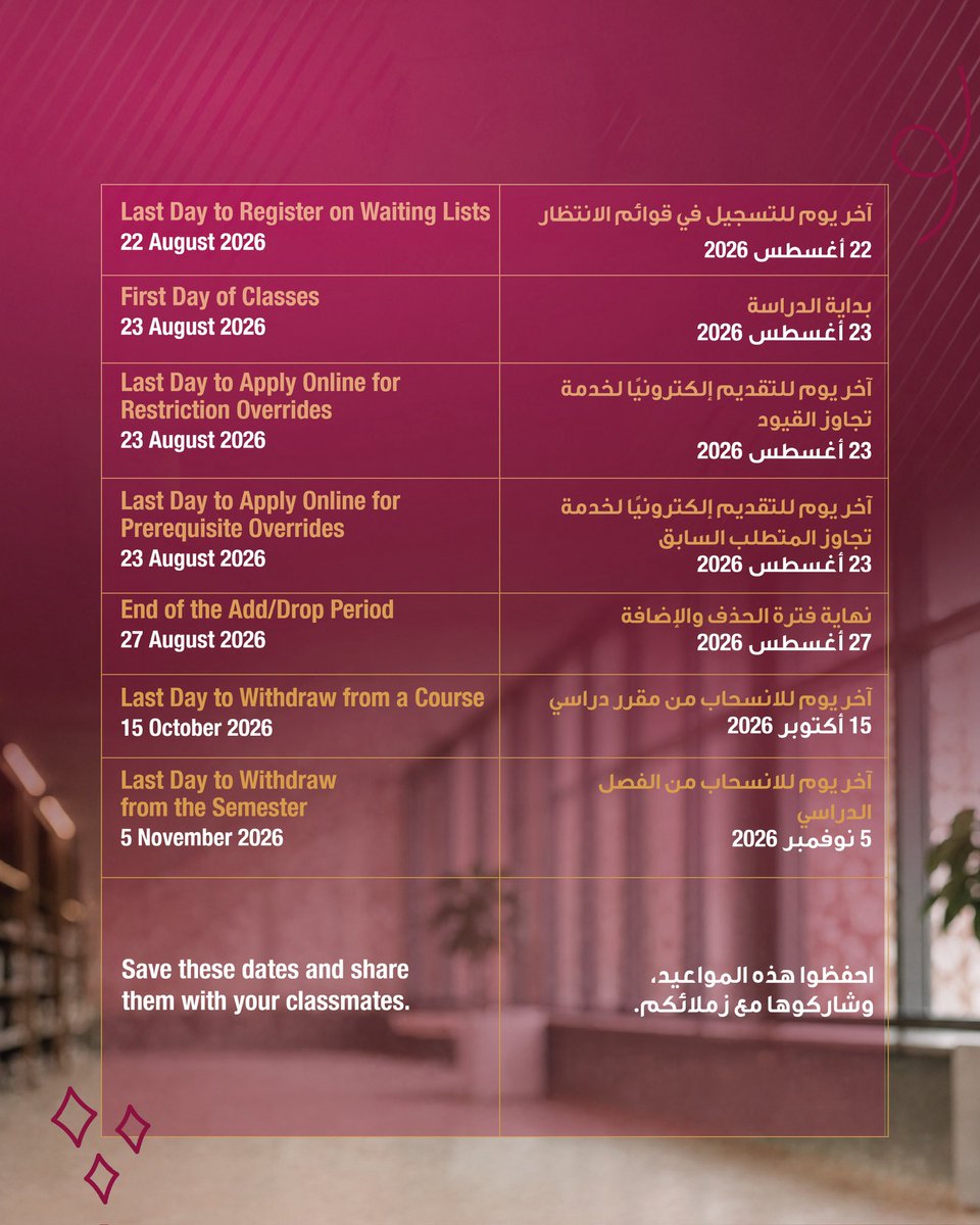 QatarUniversity's tweet photo. 🗓️أهم المواعيد الأكاديمية لخريف 2026  احفظوها وشاركوها مع زملائكم!

Key Academic Dates for Fall 2026 🗓️ Save these dates and share them with your classmates !

#جامعة_قطر #خريف2026 #qataruniversity #fall2026 https://t.co/UEtZk3SJHm