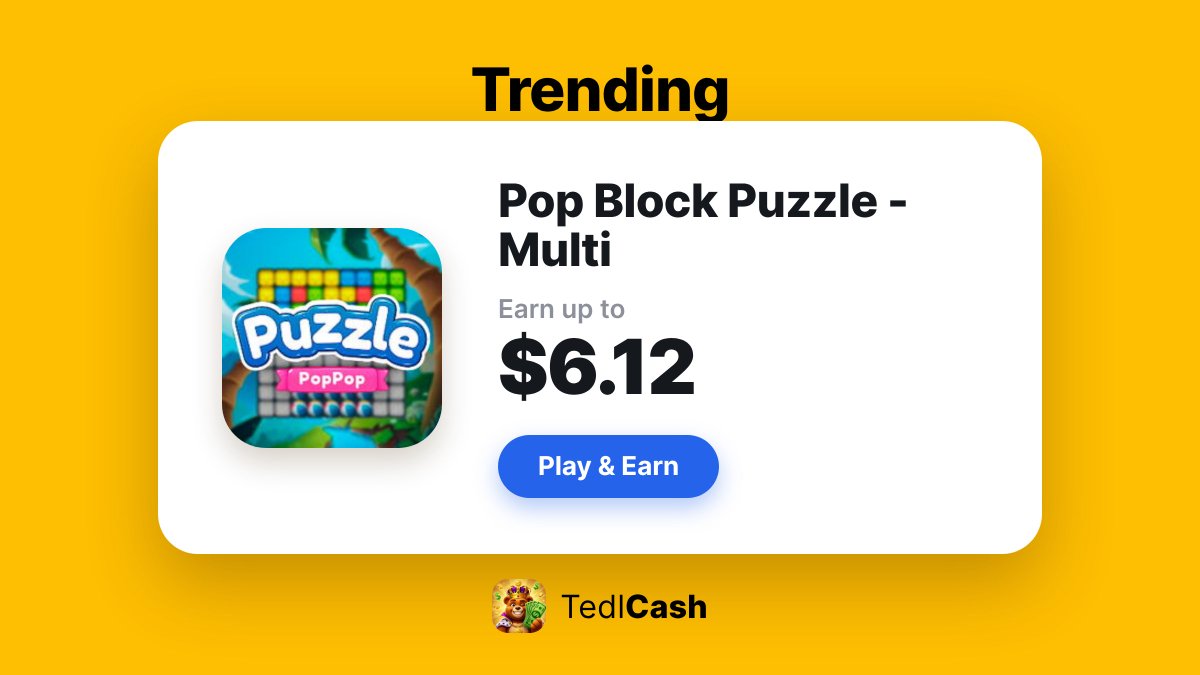 TedlCash's tweet photo. Everyone's on Pop Block Puzzle - Multi right now 🔥

Up to $6.12 for completing it.

Don't miss out: 👉 https://t.co/fM6hwmpFLZ https://t.co/7lHAddciVf