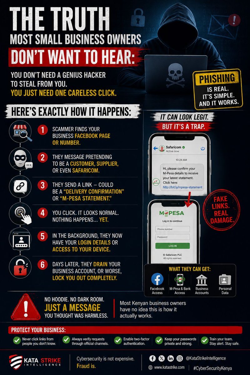 xhizo034's tweet photo. You don’t need a genius hacker to lose your business money. One careless click can be enough. A fake customer, supplier or “Safaricom” message sends a link. You click—and hand over access. Verify links before you click.

#PhishingKenya #KataStrike https://t.co/Zhw3yvPKWb