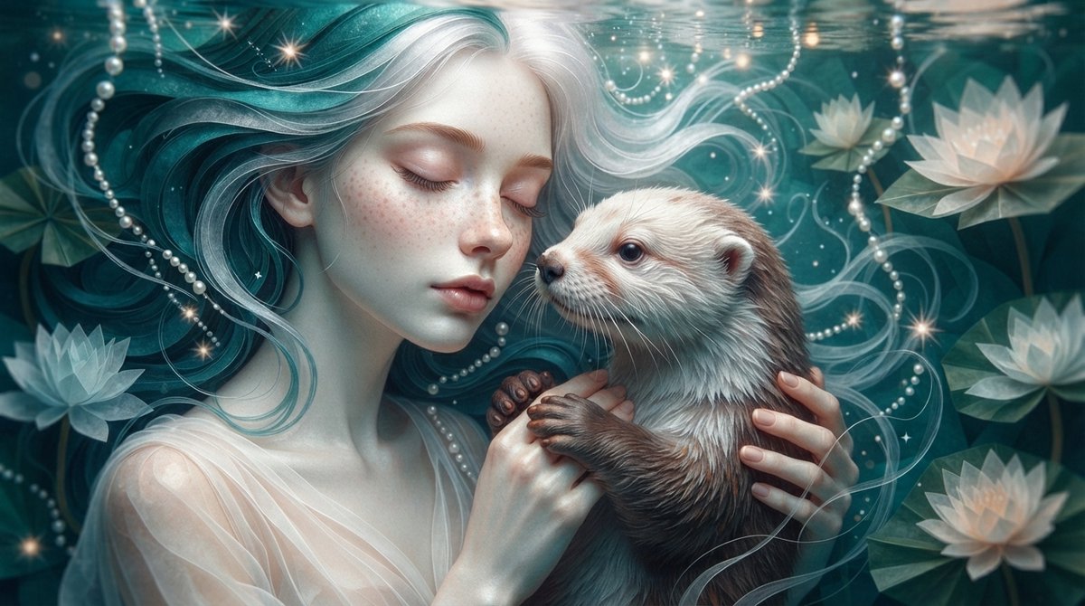 TanithLow245861's tweet photo. In the veiled deep,
Pearls whisper secrets to sleeping lilies.🪷
Two hearts, one soul,
beneath the blue-green veil of dreams.🩵💙💚
#MysticWaters #OtterSpirit #EtherealDepths #SurrealArt #EtherealArt #MysticArt #SoulBond #UnderwaterFantasy #LilyDreams #SpiritAnimal
#AIart https://t.co/WbdG8kwt4p