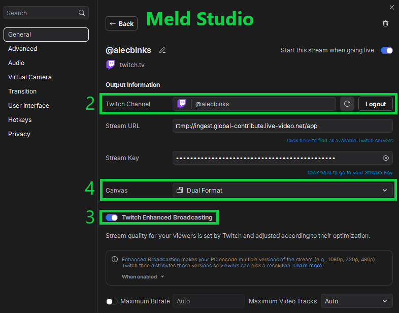 AlecBinks's tweet photo. Twitch Dual Format (OBS & Meld Studio)

OBS:
1. Install Aitum Vertical Plugin (free)
2. Connect Twitch Account
3. Enable Enhanced Broadcasting
4. Additional Canvas → Aitum Vertical

Meld Studio:
1. Enable Multi Canvas
2. Connect Twitch Account
3. Enable Twitch Enhanced Broadcasting
4. Canvas → Dual Format
