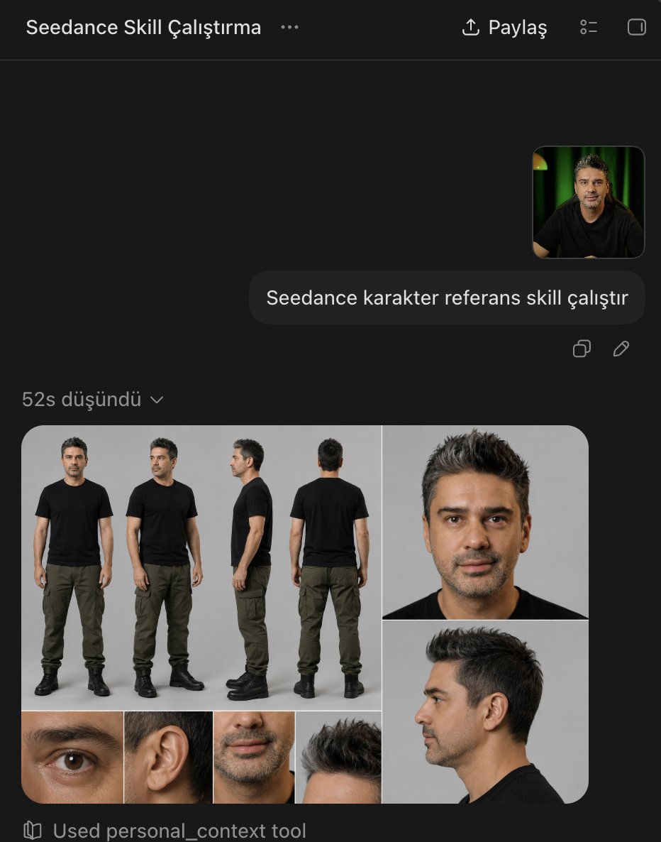 ozansihay's tweet photo. Seedance ile video üretirken karakter tutarlılığını korumanın en iyi yollarından biri, sağlam bir karakter referans sayfası oluşturmak.

Bu konuda uzun süredir farklı yöntemler deniyorum. Şimdiye kadarki testlerimde en iyi sonucu bu formatta hazırladığım referans sayfalarından aldım. Hem karakterin yüzünü hem vücut yapısını hem de farklı açılardaki görünümünü modele çok daha net aktarabiliyor.

Kullandığım yöntemi detaylı bir ChatGPT Skill'i haline getirdim.

Abonelerim için aşağıya bırakıyorum. Skill'i indirip ChatGPT'ye yükleyin, ardından karakterinizin fotoğrafını verip:

“Seedance karakter referans skill çalıştır” yazıp profil resminizi vermeniz yeterli.

Gerisini ChatGPT hazırlıyor. Ben farklı karakterlerde denedim, sonuçlar oldukça tutarlı.