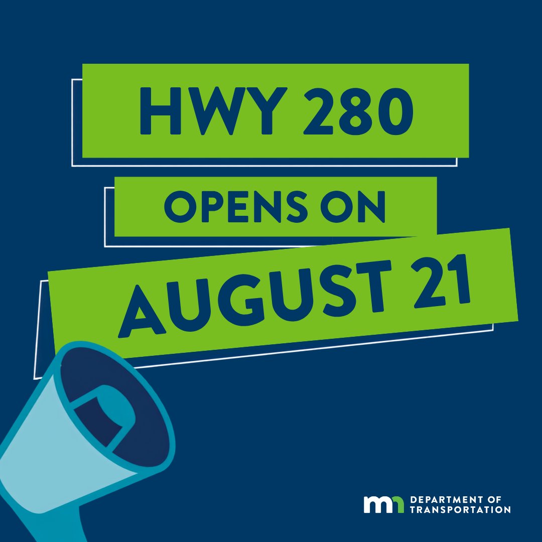 MnDOTMetro's tweet photo. Highway 280 reopens Fri, Aug. 21! We’re excited to welcome you back. No mainline work during the State Fair. Some traffic impacts continue as we wrap up final work. More info: https://t.co/UDkNKSjSsK @cityofsaintpaul @CityMinneapolis @RosevilleMN @Hennepin @RamseyCounty https://t.co/KFmbdVHZPH