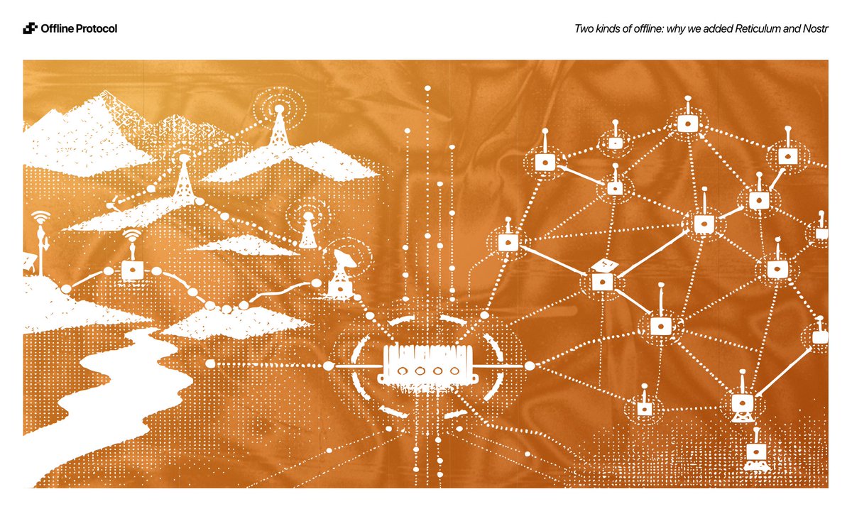 OfflineProtocol's tweet photo. Not every form of disconnection looks the same. Sometimes there is no conventional network at all. Devices are separated by kilometers, infrastructure is damaged or absent, and short-range radios cannot close the distance. Other times, internet access exists, but the available route is filtered, fragile, centrally observable, or dependent on infrastructure the application does not control.

We added Reticulum and Nostr to our Mesh SDK to address both conditions.

Reticulum extends Offline Protocol into long-range and infrastructure-sparse environments through LoRa, serial, TCP, UDP, I2P, and other interfaces. Nostr adds a decentralized relay path across reachable internet infrastructure without requiring every application to depend on one central endpoint.

Together with Bluetooth LE, Wi-Fi Direct, and internet transport, applications now have five network paths behind one coordination layer for identity, routing, reliability, security, service discovery, and telemetry.

This infrastructure serves the systems being deployed today, but it is also built for what comes next. Agents, robots, drones, vehicles, sensors, and on-device models will need to discover, authenticate, exchange data, and coordinate across networks that change underneath them.

Read the technical deep dive: https://t.co/TRb5LB8ju0

Explore the open source SDK: https://t.co/SfxxKL7n1B

We are also opening a limited number of design-partner engagements for teams building with long-range radios, decentralized relays, remote telemetry, field systems, and bandwidth-constrained infrastructure: https://t.co/ubxWTDQp48