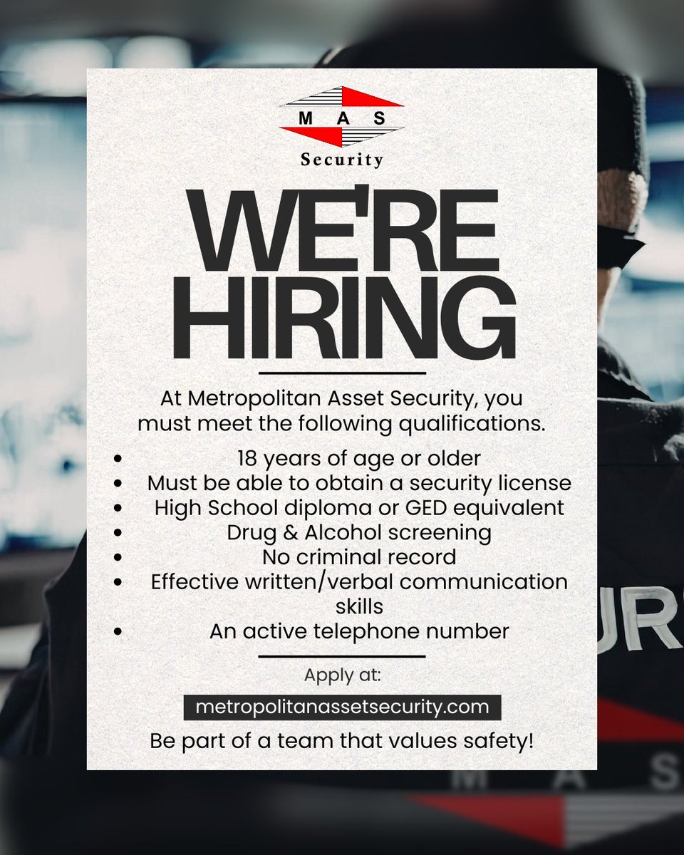 masecurity01's tweet photo. Are you looking for a job that involves keeping people safe? Join us; we will steer you in the right direction.

Come visit us on our website today and take the first step towards your success: https://t.co/BRDbTRKtnD

#MetropolitanAssetSecurity #MAS #ContactUs #We'reHiring https://t.co/CngWUPk23b