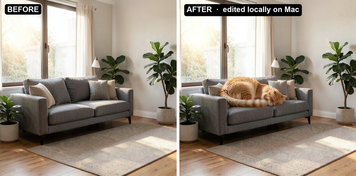 rapidmlx's tweet photo. Make it. Edit it. Own it. 🎨

Create and reimagine stunning images, then turn them into video. The best part? It runs completely locally on your Mac. Your data never leaves your machine.

"This couch needs a cat." Done, right on-device. 🛋️ 😼

🖼️ Images Models: FLUX · Z-Image · DiffusionGemma · Qwen-image
🎬 Video Models: LTX · Wan · CogVideoX