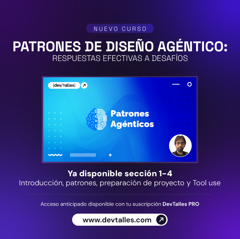 DevTalles's tweet photo. 🤖🧠NUEVO ACCESO ANTICIPADO: #Patrones de diseño agénticos!

🖥️Disponibles 4 secciones del nuevo curso, ¡Anunciaremos más lecciones cuando estén listas!

🚀Accede como #BetaTester en tu portal con una Suscripción #DevTallesPRO activa, o desde este enlace: https://t.co/WS2KO3ZoN7 https://t.co/8pp0kVrOIS