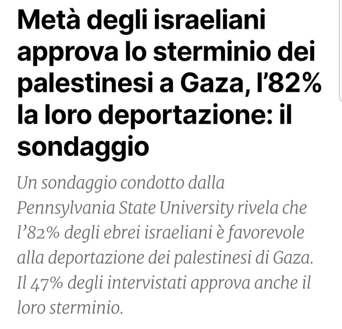 rulajebreal's tweet photo. Il ministro Ben-Gvir non è un’aberrazione: è l’autobiografia del governo criminale israeliano e rappresenta la società israeliana stessa. 
L’80% degli israeliani è favorevole alla pulizia etnica dei palestinesi.

Dopo l’annuncio di Ben Gvir di costruire un "braccio della morte" con patibolo e cabine, da cui gli israeliani potranno assistere alle impiccagioni, il ministro della Difesa israeliano ha dichiarato: “stiamo dando a Ben Gvir ancora più potere!”.

Tentare di minimizzare i crimini di Ben Gvir e descriverlo come l’unica mela marcia o una anomalia significa ignorare che l’intero governo israeliano commette crimini contro l’umanità e crimini guerra, barbarie e atrocità sistematicamente. 
E tutti i candidati a sostituire questo governo israeliano regolarmente dichiarano di voler bombardare la Turchia - un paese NATO- la Siria, il Qatar, oltre a dare il loro sostegno per gli insediamenti illegali nei territori occupati palestinesi e l’occupazione e la dittatura militare israeliana che dura da 58 anni.

I veri amici e alleati di Israele dovrebbero sostenere quella minoranza in via di estinzione israeliana, come la nipote dell’ex presidente Shimon Peres, che chiede di sanzionare Israele.