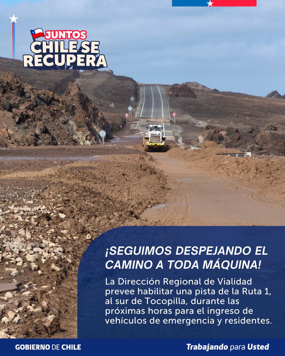 MOPAntofagasta's tweet photo. 🚧 #MOPEnTerreno | Bajo la coordinación del seremi MOP, José Fuentes, 12 máquinas de Vialidad y privados avanzan desde Michilla y Caleta Buena en el despeje de la #Ruta1 al sur de Tocopilla.

⚠️ Durante el día se habilitará 1 pista SOLO para vehículos de emergencia y residentes, con máxima precaución.

⬆️ Al norte de Tocopilla continúan las labores de despeje.