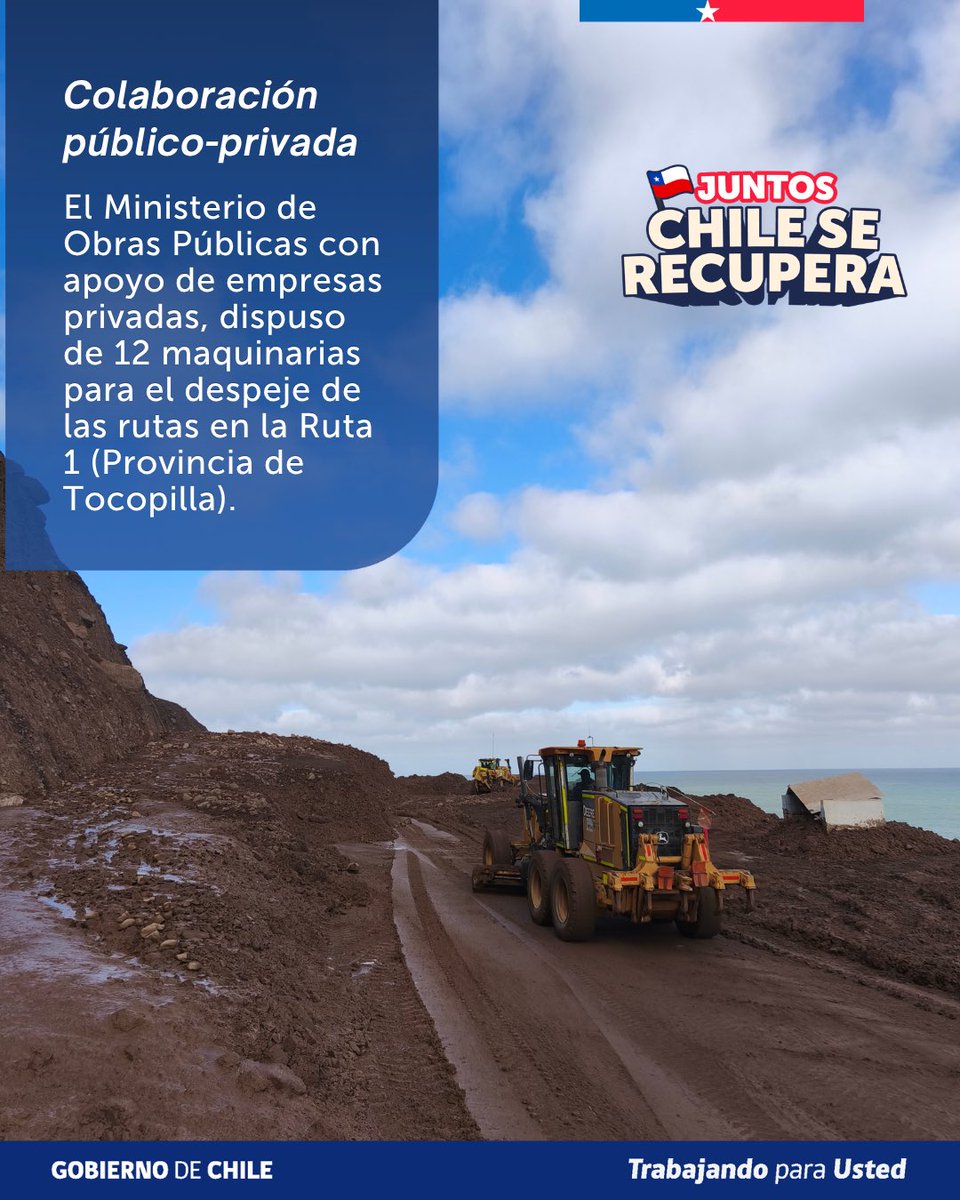 MOPAntofagasta's tweet photo. 🚧 #MOPEnTerreno | Bajo la coordinación del seremi MOP, José Fuentes, 12 máquinas de Vialidad y privados avanzan desde Michilla y Caleta Buena en el despeje de la #Ruta1 al sur de Tocopilla.

⚠️ Durante el día se habilitará 1 pista SOLO para vehículos de emergencia y residentes, con máxima precaución.

⬆️ Al norte de Tocopilla continúan las labores de despeje.