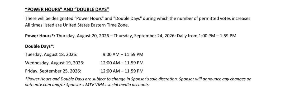 BoraOGArmy's tweet photo. 🗳️MTV VMAs Power Hour Reminder

⏳Daily 1:00-1:59pm ET [2:00-2:59am KST]

A reminder of Power Hour double votes. If the time is during your normal waking hours, vote during this time if possible. If unable, still do vote each day prior to resets. 

See detailed below. 👇🏽 https://t.co/dfe3ZsAp4a