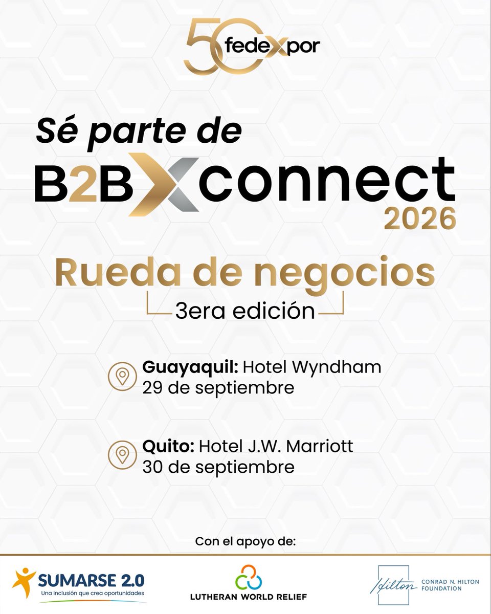 Fedexpor's tweet photo. Tu próxima oportunidad comercial puede estar en una reunión B2B. 🌎🤝

La III Rueda de Negocios B2B Connect 2026 conectará a exportadores del sector alimentico con compradores internacionales de Canadá, Estados Unidos, América Latina y Europa.

En 2025 generó más de 900 reuniones y USD 25 millones en proyección de ventas.

Cupos limitados.

Regístrate aquí: https://t.co/DhP0IfJ8fV
