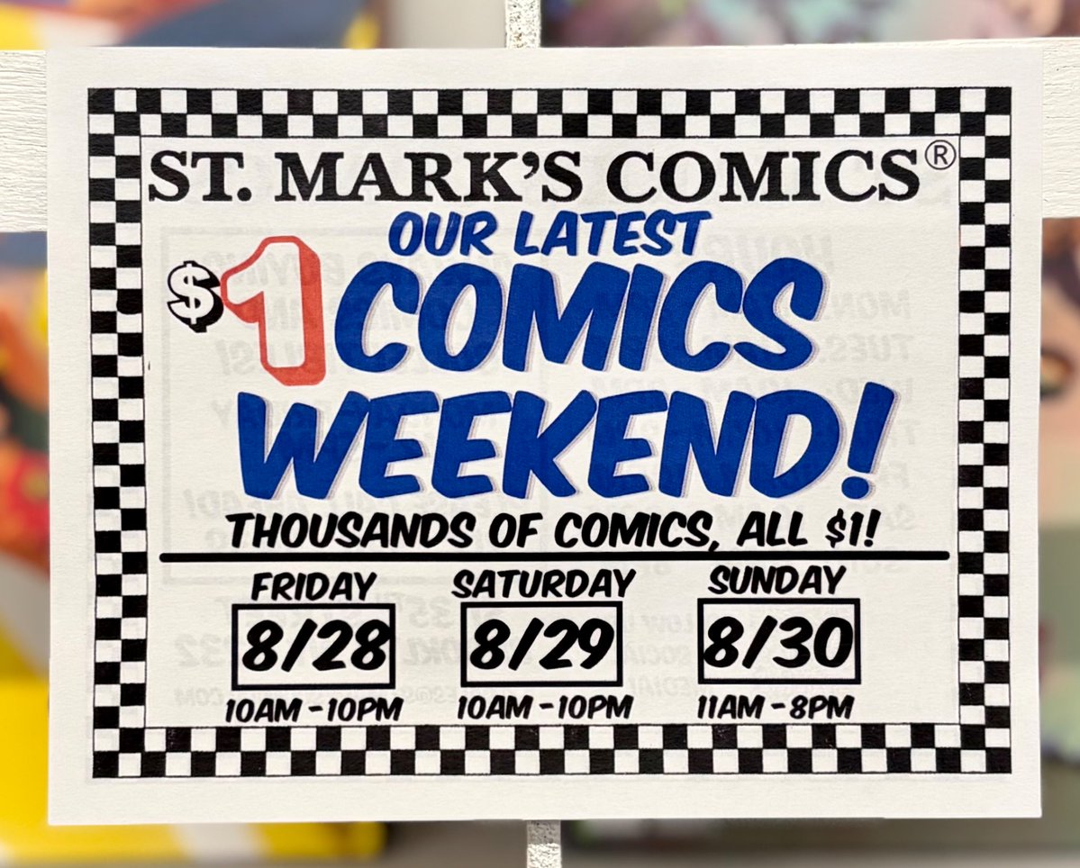 StMarksComicsNY's tweet photo. $1 comics coming THIS WEEKEND! Starts Friday, 10AM!

#stmarkscomics #industrycity #shoplocal #smallbusiness #brooklyn #nyc #thingstodoinnyc #comics #sale #comicsale #comicbooks #1dollarweekend #weekendsale #savings #dollarcomics #1dollarcomicsweekend https://t.co/jrXVVr7wZd