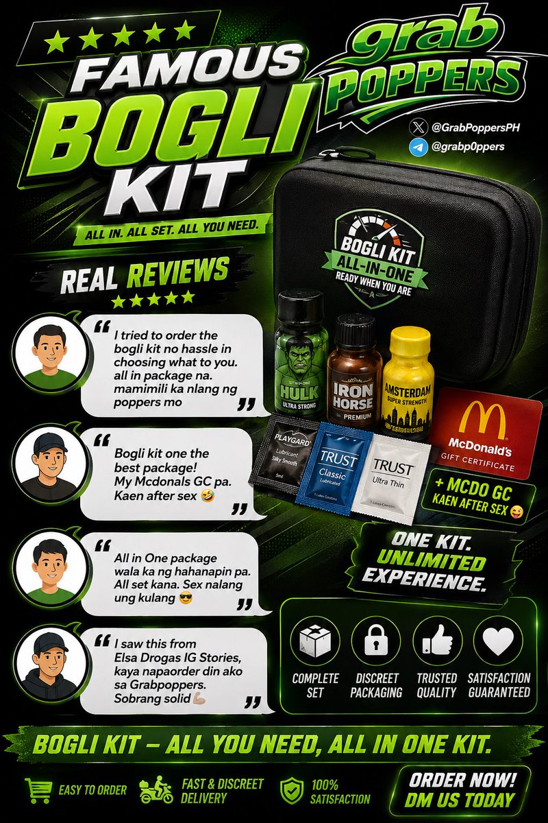 GrabPoppersPH's tweet photo. @GrabPoppersPH  "Our Famous Bogli Kit, As seen with Celebrities, Influencers and the entire Community not just ALTERS👀" 

Fast, Discreet and Ready anywhere in Metro Manila and Available from Batanes to Tawi-Tawi. 🇵🇭

Order from the comfort of your home and let us take care of the rest. pm tg @grabp0ppers 

Follow @DaddyGrabX @Daddy_GrabX @GrabXPoppers