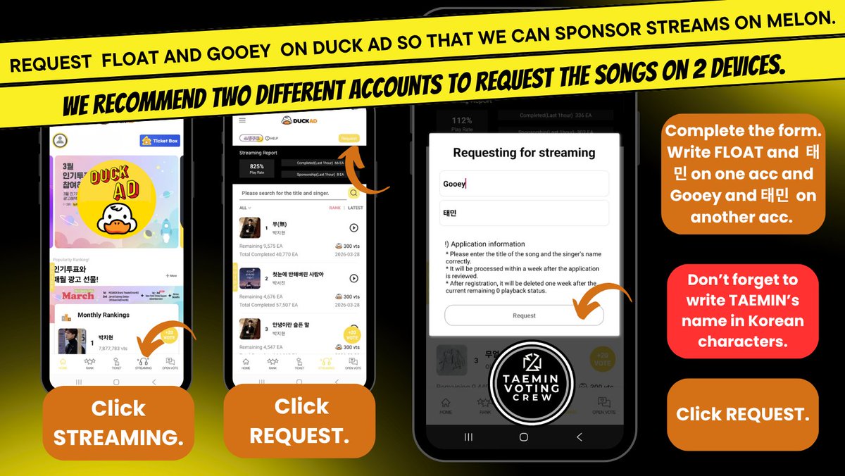 TAEMINVoting's tweet photo. 📢Attention TAEMates, we need your help requesting 'FLOAT' and 'Gooey'  on the app DuckAd.
📍We need several requests and it takes 10 days for the app to add songs so we are just in time.
📢 Write 태민. 
📍DuckAd is a great app to boost TAEMIN's digitals.
📍Please download it and sign up with Google.
🔗https://t.co/BmqV3dCtCw
🔗https://t.co/gyq9DkXx53
🎵Here's how to sign up and request #TAEMIN's song.
  #テミン #泰民