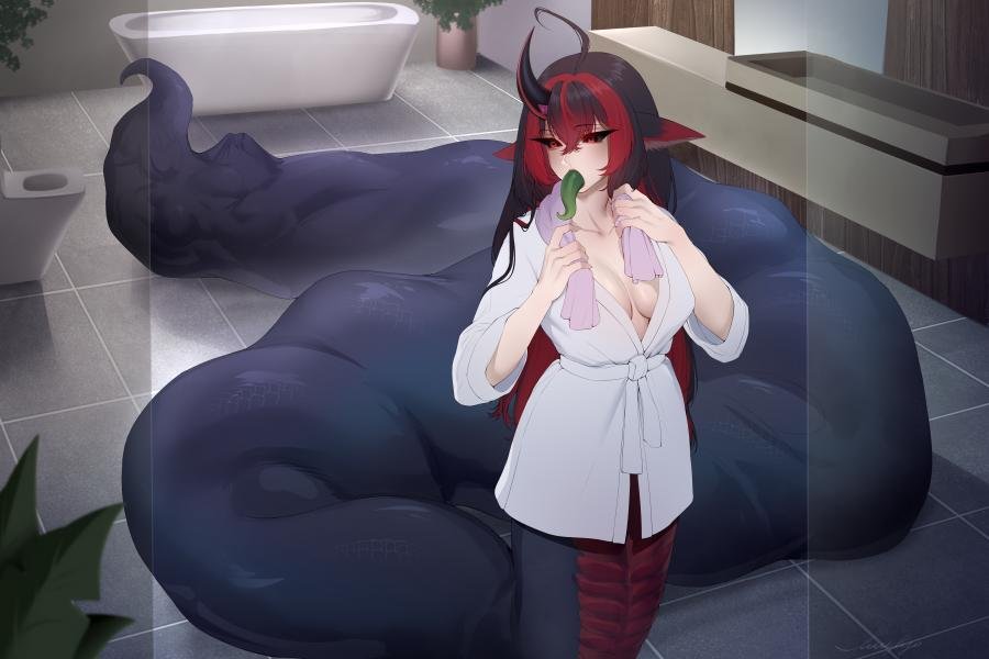 Lilith_771xx's tweet photo. Artist: @ikuukyo 
#vore #voreart 
Hmmmm seems next time I swallow another lamia might need to have my body longer she stuffed me faster than I realized, wonder if id be able to fit anymore in there with her, any volunteers~? https://t.co/L6j3GH7HdB
