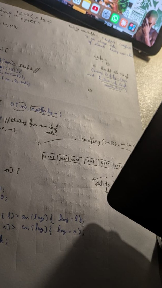 heydeepc's tweet photo. today:
1. Heaps: impl. min,max heap ; heap sort ; priority queue.
2. some lc ques(mostly heaps n pq).
3. read the first few chapters earlier, stopped, and now picking up the book again ; ![Alex Xu](-_-)
4. half-way through week6 assg. ; saw generic heap sort. https://t.co/htBGnT0rLm