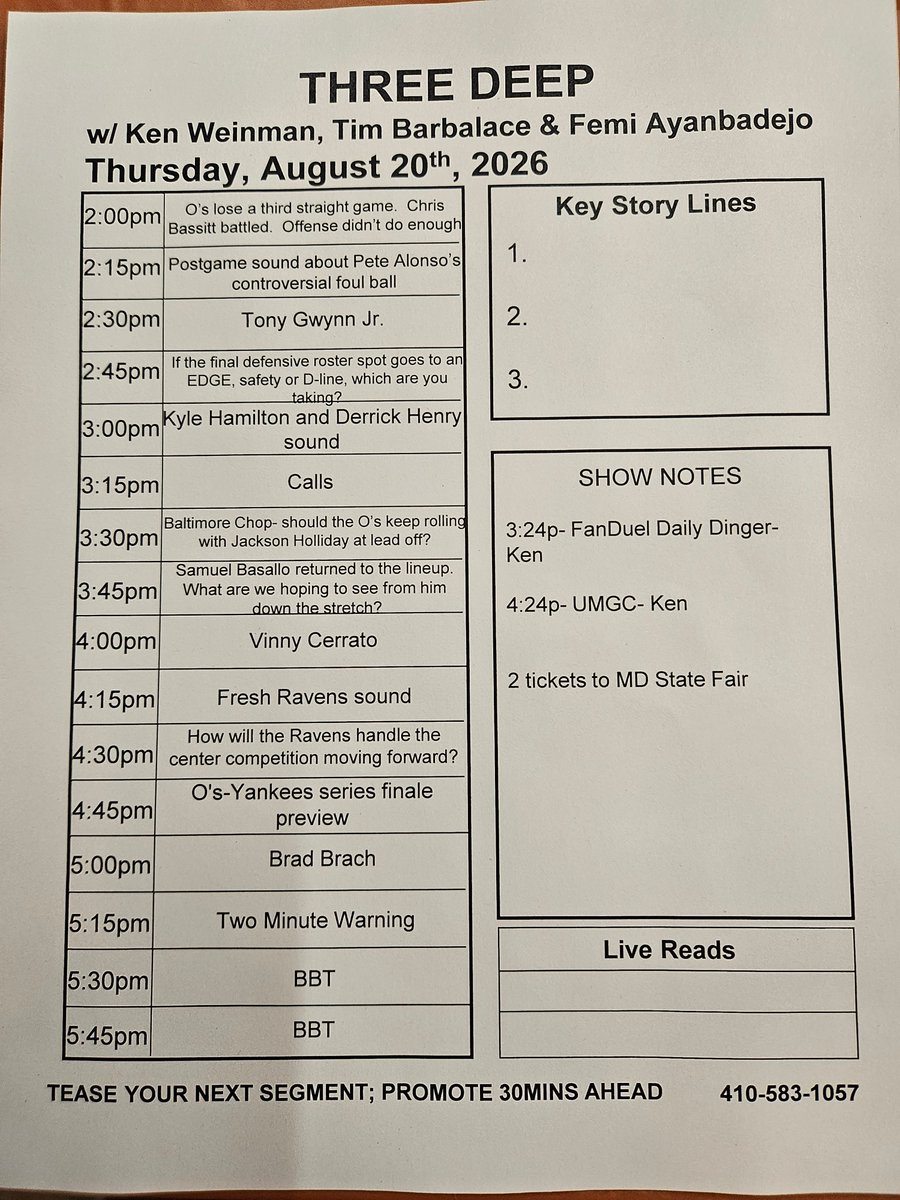 ThreeDeep1057's tweet photo. Fair or foul? Plenty of controversy last night. Should Jackson Holliday lead off everyday? What are we expecting from Sam down the stretch? We also will update you on the Ravens final joint practice with the Vikings.  @tonygwynnjr at 2:30, Vinny Cerrato at 4 and Brad Brach at 5! https://t.co/2Er4x6NDCT