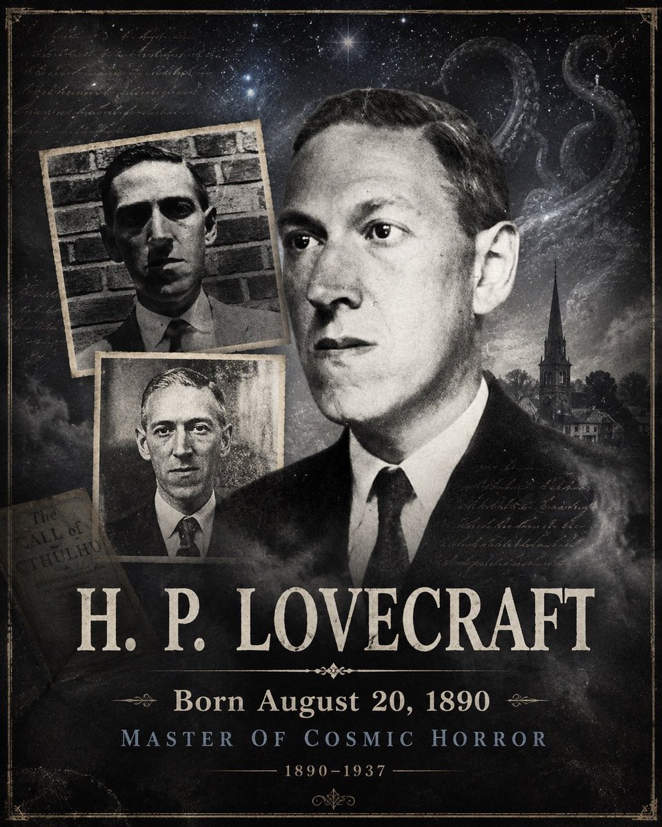 YoDanno's tweet photo. H.P. Lovecraft was born on this day in 1890.

A strange, reclusive New England writer who spent much of his life in obscurity… and somehow ended up reshaping horror forever.

Arkham.
Innsmouth.
The Necronomicon.
Cthulhu.
Ancient gods sleeping beneath the earth and stars that absolutely should not be looked at too closely. 😆

Lovecraft didn’t just write monsters.

He made the universe itself terrifying.

His influence runs straight through horror fiction, movies, heavy metal, video games, and, hell yes, Dungeons & Dragons.

So today, on his 136th birthday, raise a glass to the old gentleman from Providence.

Ph’nglui mglw’nafh Cthulhu R’lyeh wgah’nagl fhtagn.

Happy Birthday, H.P. Lovecraft.

August 20, 1890 – March 15, 1937